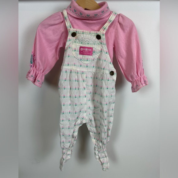 VTG Osh Kosh B'Gosh Pink‎ White Roses Overalls Romper Turtleneck Set 6/9M USA - Picture 1 of 16
